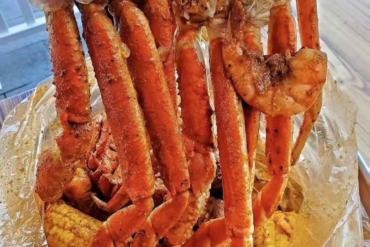 Snow crab legs with shrimp and corn at Crab House, a Cajun Seafood Restaurant in Modesto