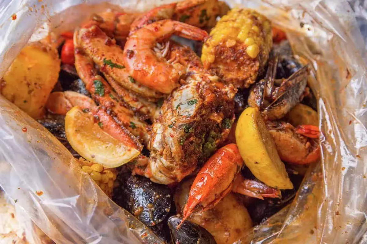 Cajun seafood boil with shrimp and crab at Crab House, a Cajun Seafood Restaurant in Modesto